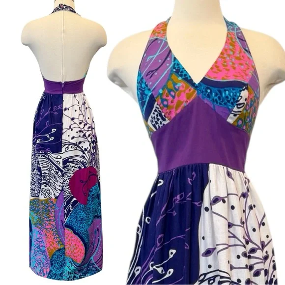 Vintage 60s Cole of California Mod Wild Print Halter Swim Sun Dress Maxi Gown - Picture 4 of 9